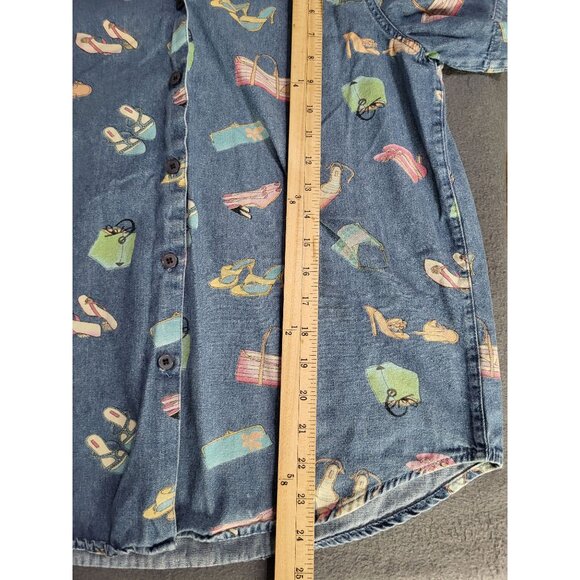 VTG LEMON GRASS Denim Shirt Women's Small Print Shoes Purses Novelty Granny - Picture 4 of 7